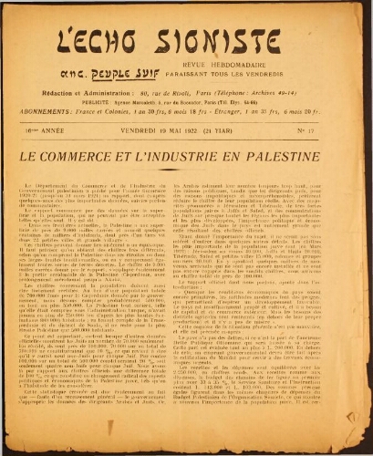 L'Echo Sioniste. Vol. 16 n° 17 (19 mai 1922)